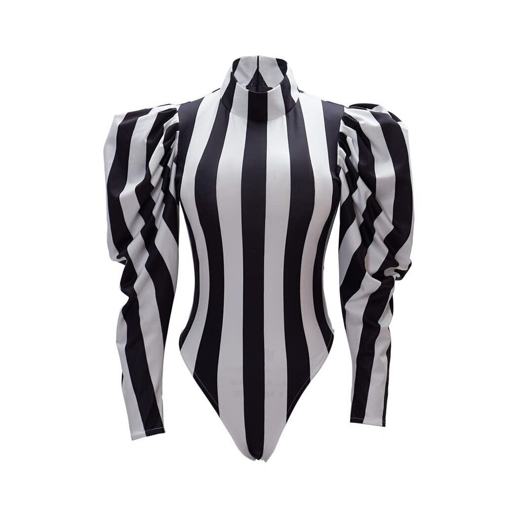 8235 Black White Striped Jumpsuit Adult Sexy Bodysuit Cosplay Costume XXXL